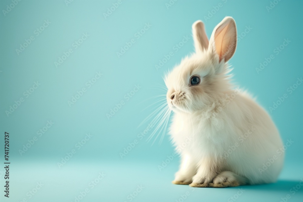 A fluffy white bunny sitting upright, its ears perked, on a soft sky blue background. A fluffy white bunny sitting upright, its ears perked, on a soft sky blue background.