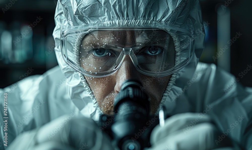 A scientist in a protective white costume and protective glasses is working in a chemical lab A scientist in a protective white costume and protective glasses is working in a chemical lab