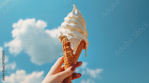 Close-up of an unidentified woman's hand melting ice cream inside a waffle cone on a bright day against a blue backdrop