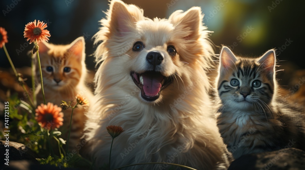 Cute cat and dog in the garden. Pet care concept.