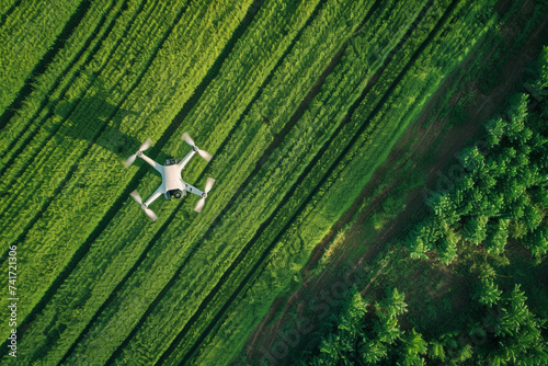 A green glider soars over a lush field, capturing the beauty of nature from an aerial perspective