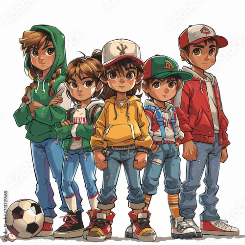 Vector illustration of a group of kids all wearing various oversized sports gear