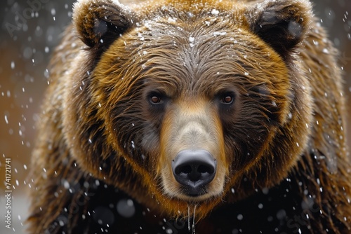 A majestic kodiak bear stands proudly amidst a winter wonderland, its brown fur glistening with the falling snow as it gazes upon the tranquil water below