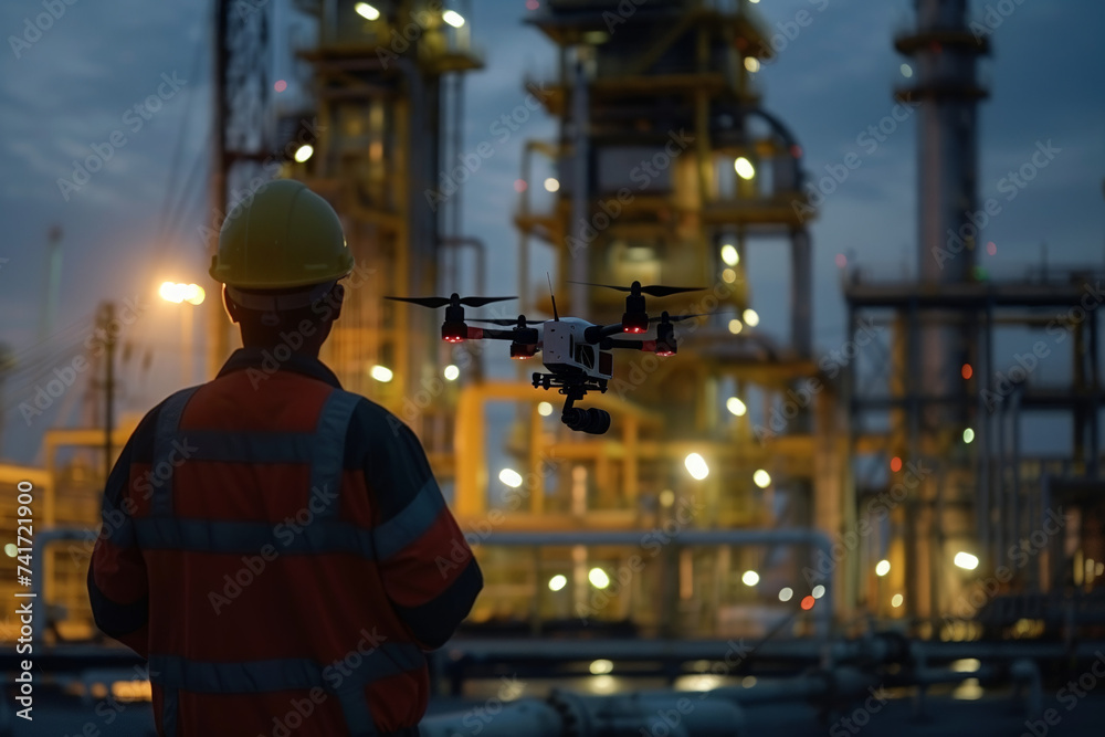 Amidst the bustling industry, a man in a hard hat takes to the sky with his trusty drone, capturing the beauty of the outdoor world from above