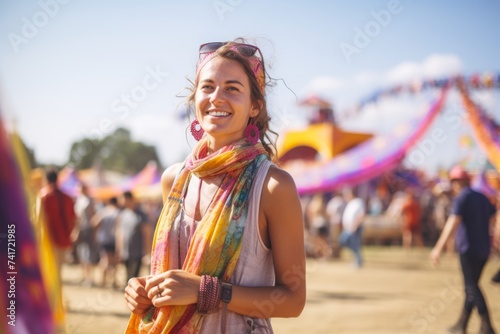 Happy young woman with colorful scarf on the background of the festival.