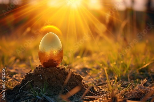 A golden Easter egg sitting atop a small mound of earth, with rays of sunrise creating a halo effect around it. photo