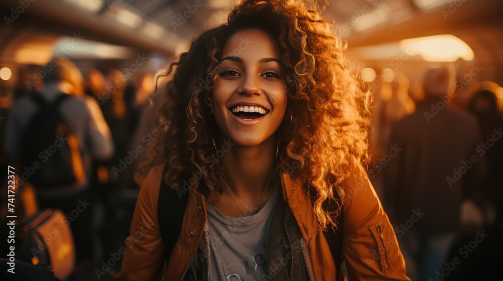 Portrait of a beautiful young african american woman with curly hair smiling and looking at the camera while sitting in a train