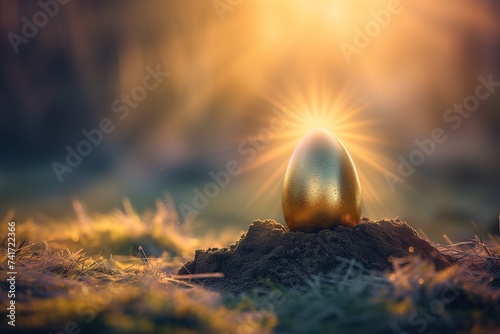 A golden Easter egg sitting atop a small mound of earth, with rays of sunrise creating a halo effect around it.