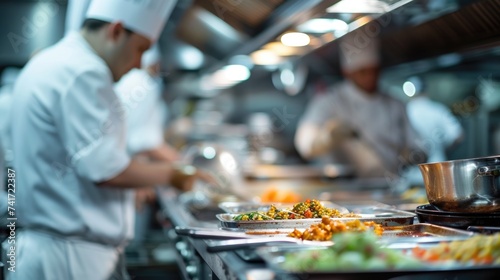 Professional chefs in white uniforms are intensely preparing and plating dishes in the fast-paced environment of a commercial restaurant kitchen. Resplendent.