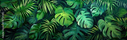 Banner green background, exotic tropical leaf green  and atmospheric sunlight rays.