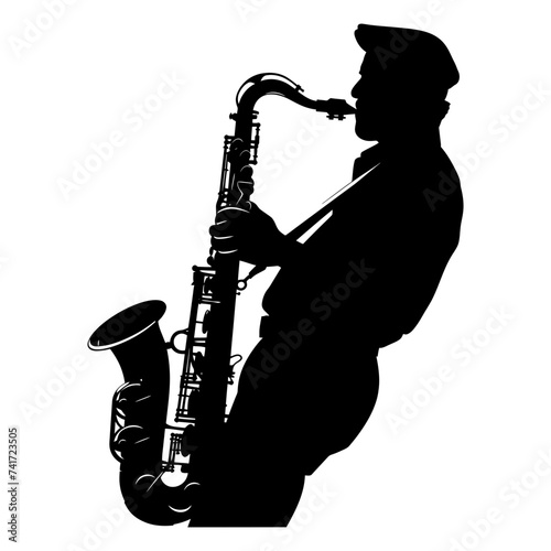 silhouette saxophonist in perform black color only