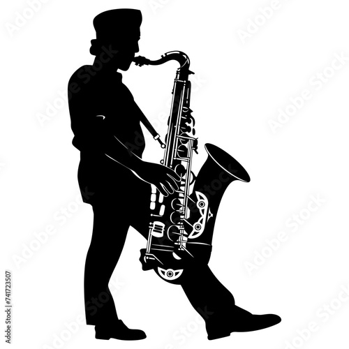 silhouette saxophonist in perform black color only
