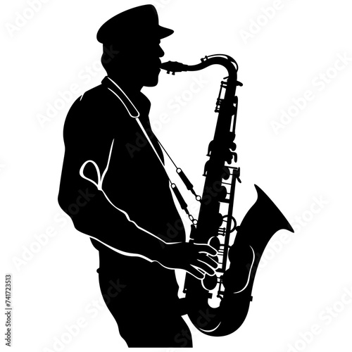 silhouette saxophonist in perform black color only