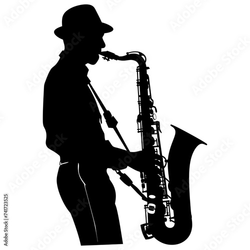 silhouette saxophonist in perform black color only