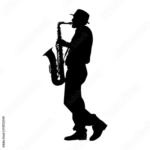 silhouette saxophonist in perform black color only