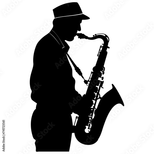 silhouette saxophonist in perform black color only