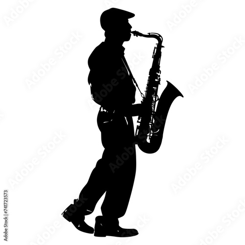 silhouette saxophonist in perform black color only