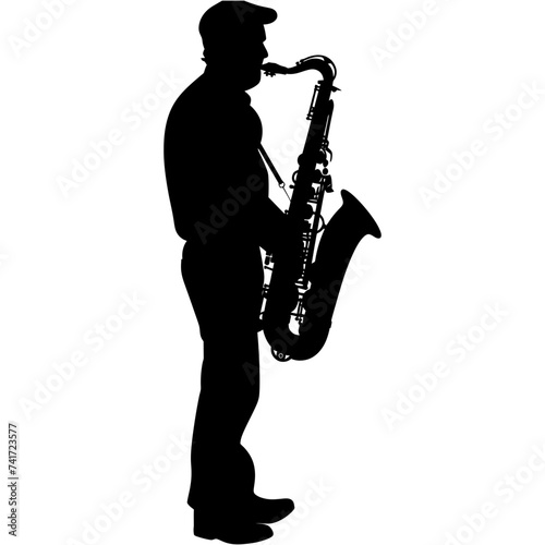 silhouette saxophonist in perform black color only