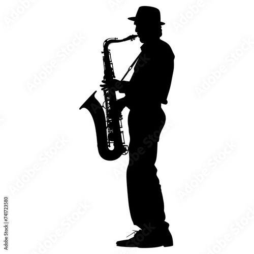 silhouette saxophonist in perform black color only