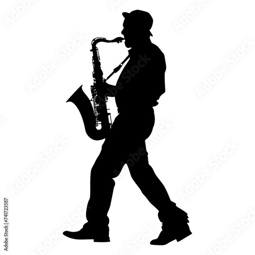 silhouette saxophonist in perform black color only