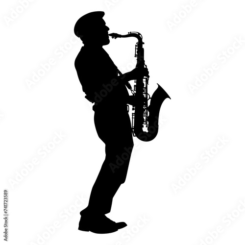silhouette saxophonist in perform black color only