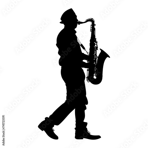 silhouette saxophonist in perform black color only