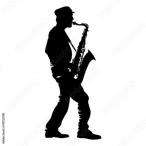 silhouette saxophonist in perform black color only
