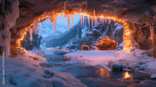 a beautiful illuminated ice cave with half frozen streams running through leading to Matterhorn Mountain,generative ai