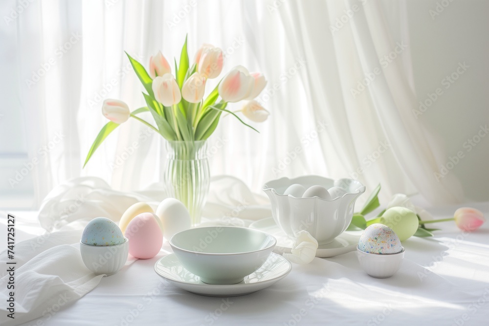 A minimalist Easter table setting with white linen, simple porcelain dishes, pastel-colored Easter eggs, and a small vase of fresh tulips. A minimalist Easter table setting with white linen, simple porcelain dishes, pastel-colored Easter eggs, and a small vase of fresh tulips.