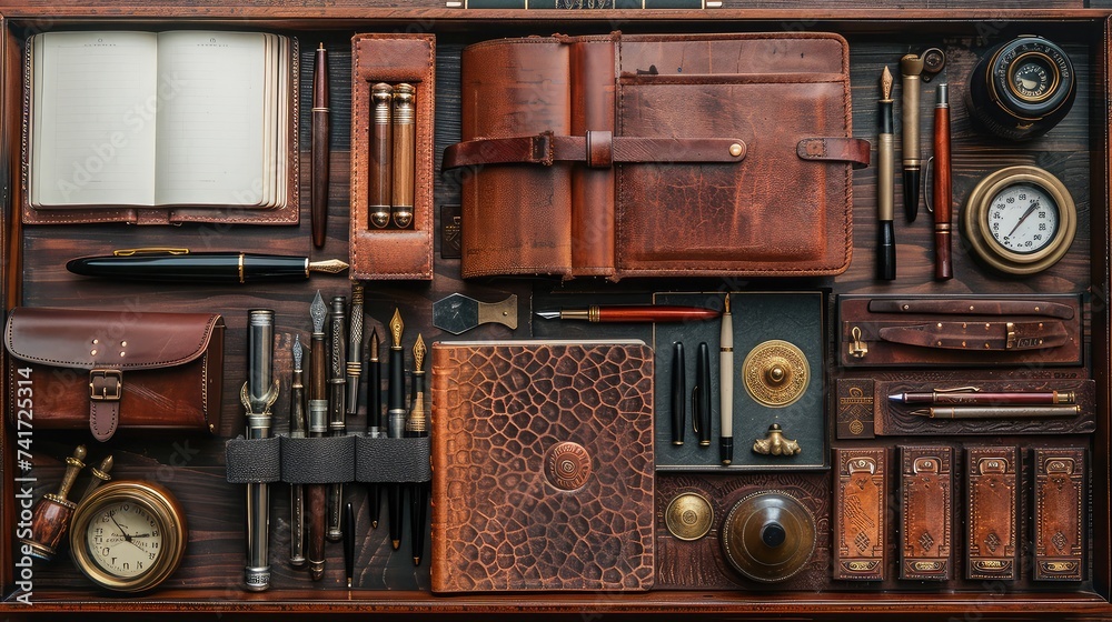 Vintage-Inspired Flatlay Showcase of Fountain Pens, Leather Journals, and Antique Inkwells on Polished Mahogany Desk.
