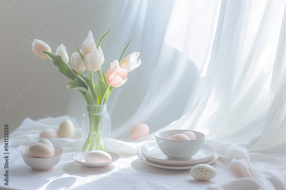 A minimalist Easter table setting with white linen, simple porcelain dishes, pastel-colored Easter eggs, and a small vase of fresh tulips. A minimalist Easter table setting with white linen, simple porcelain dishes, pastel-colored Easter eggs, and a small vase of fresh tulips.