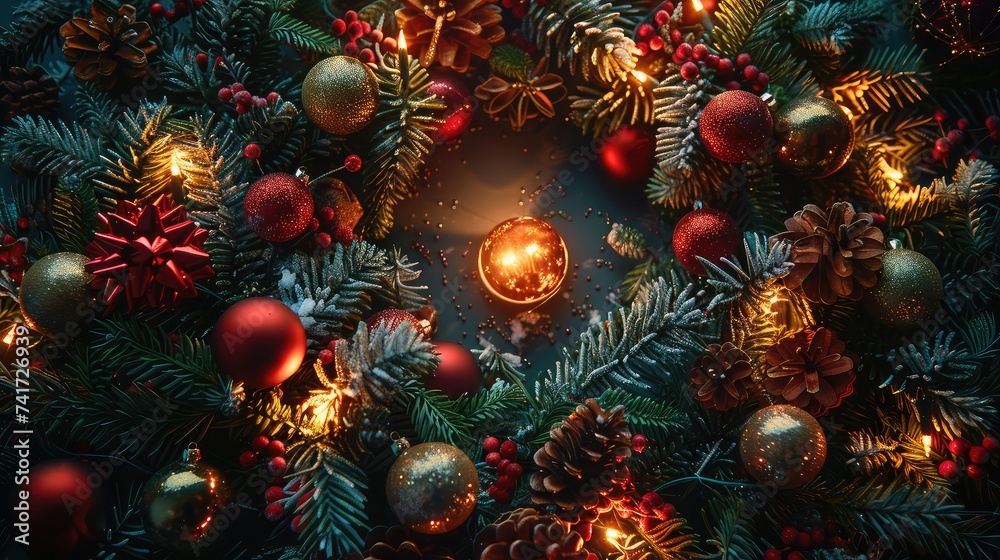 Delightful Christmas Flatlay Infused with Twinkling Lights, Evergreen Wreaths, and Festive Ornaments. Delightful Christmas Flatlay Infused with Twinkling Lights, Evergreen Wreaths, and Festive Ornaments.