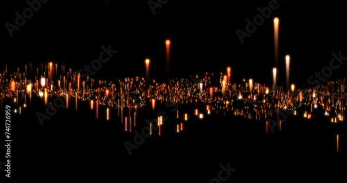 Abstract waving field of orange columns growing up and down on black background. 3D render.