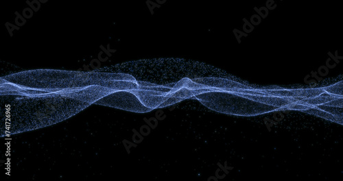 Agitated ocean of particles on black background. Cross-sectional surface of the sea. 3D render.