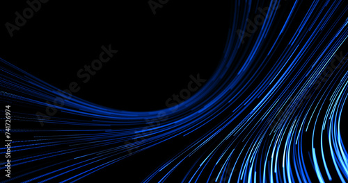 Descending and expanding stream of moving blue lines on black background. 3D render.