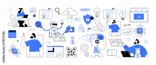 Machine learning artificial intelligence digital transformation. Tech business metaphor set. Working with big data, machine learning engineer, AI architect. Computer science. Robot technology chat bot
