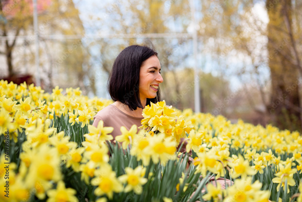 Narcissus field. The girl is holding a large fragrant bouquet of yellow flowers Narcissus field. The girl is holding a large fragrant bouquet of yellow flowers