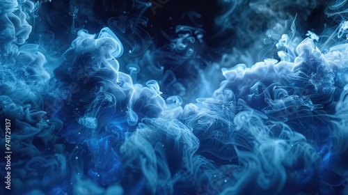 Graceful Swirls of Vivid Blue Smoke Adorn Deep Black Canvas, Inspiring Wonder and Enchantment. Abstract background.