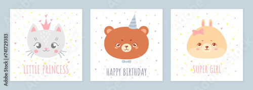 Set of greeting cards with face cute baby animal. Faces of a bear, cat and rabbit. Hand drawn nursery character collection for invitation, print, card or poster. Trendy scandinavian funny design for
