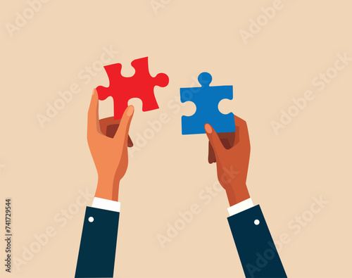 Two hands dressed in business attire are poised to connect two puzzle pieces, suggesting collaboration, problem-solving, or the coming together of ideas. Vector Illustration.