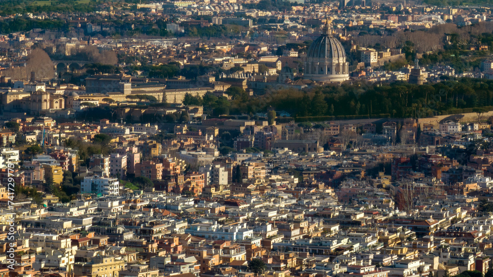 Aerial view on the houses and buildings of the historic center of Rome, Italy.