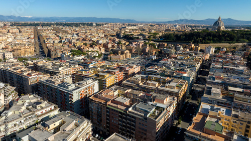 Aerial view of Prati neighborhood in Rome, Italy. In the background there is the dome of St. Peter's Basilica in Vatican City. 