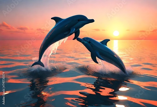 Dolphins dance at sunset in the serene ocean. AI generative 