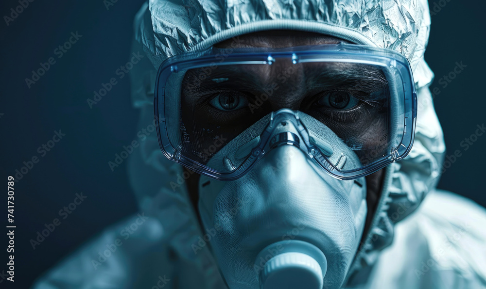 A scientist in a protective white costume and protective glasses is working in a chemical lab A scientist in a protective white costume and protective glasses is working in a chemical lab