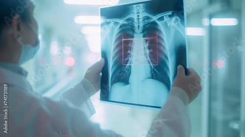 healthcare professional holding a digital tablet displaying a radiographic image of human lungs, with a blurred background suggesting a medical environment.