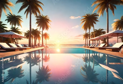 Beautiful poolside and sunset sky. Luxurious tropical beach landscape  deck chairs and loungers and water reflection. Palm trees reflection  amazing luxury summer beach landscape. Beach sunset