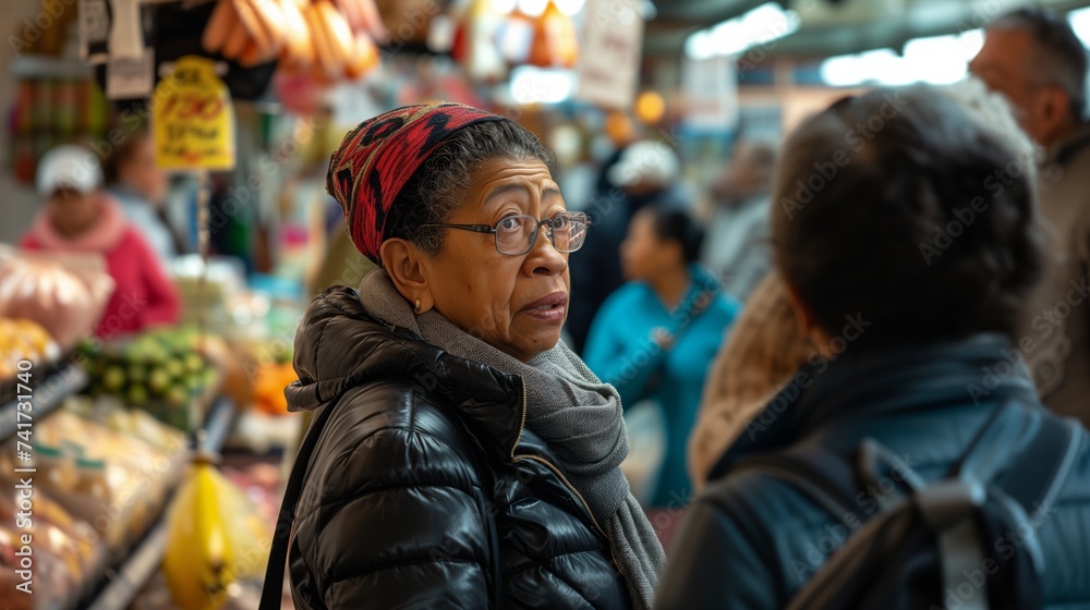 Senior Woman Shopping at Bustling Indoor Market Stall - obrazy, fototapety, plakaty 