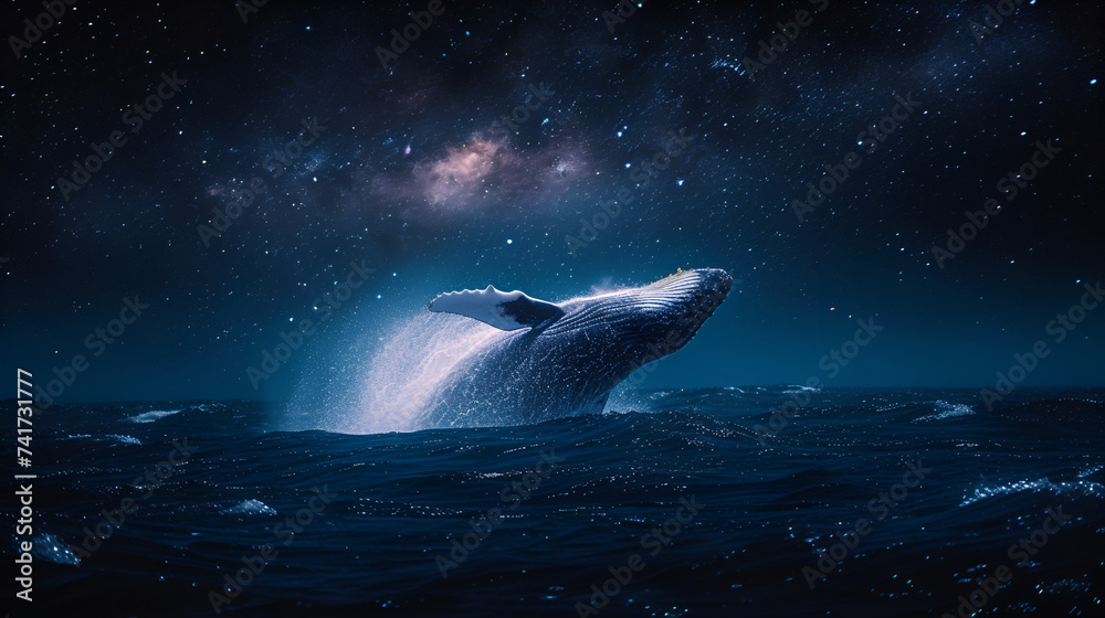 A whale elegantly breaching out of the ocean at night - obrazy, fototapety, plakaty 