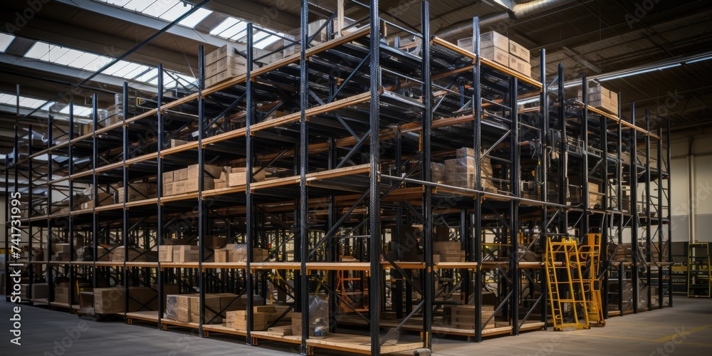 Modern warehouse with shelving. Distribution center. Generative AI