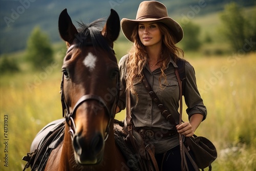 Beautiful cowgirl with her horse in the field at sunset.